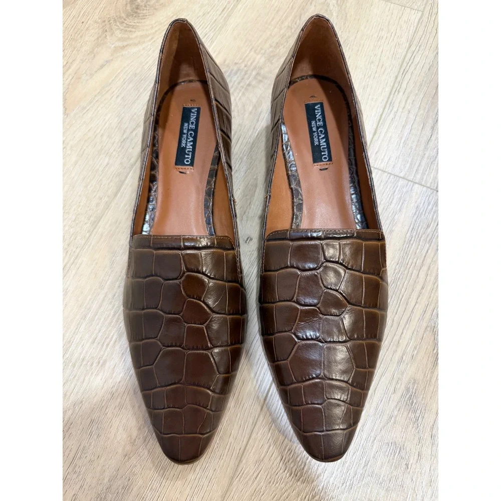Vince Camuto Brown Croc Embossed Leather Pointed Toe Loafers Flats Womens 11M